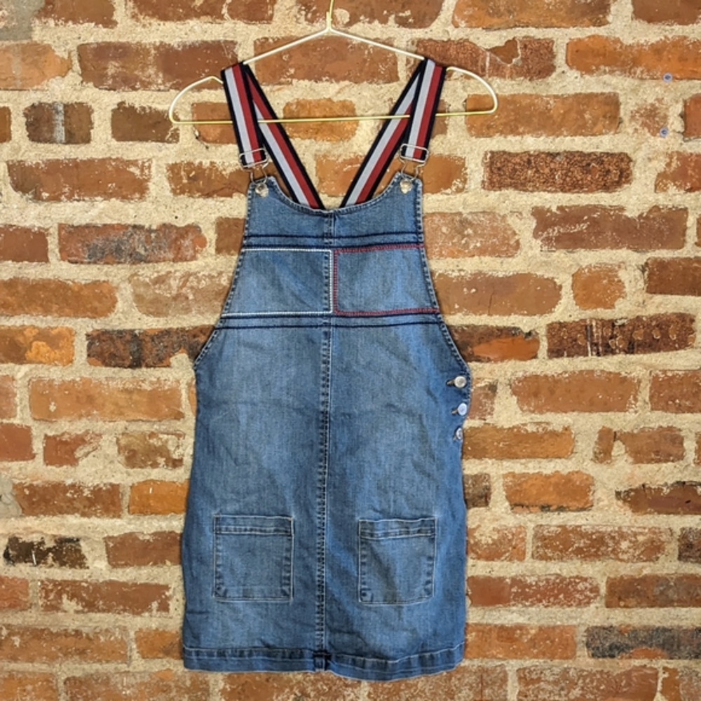 Tommy Hilfiger Large Blue Denim‎ Overall Skirt w/ Striped Straps & Front Pockets